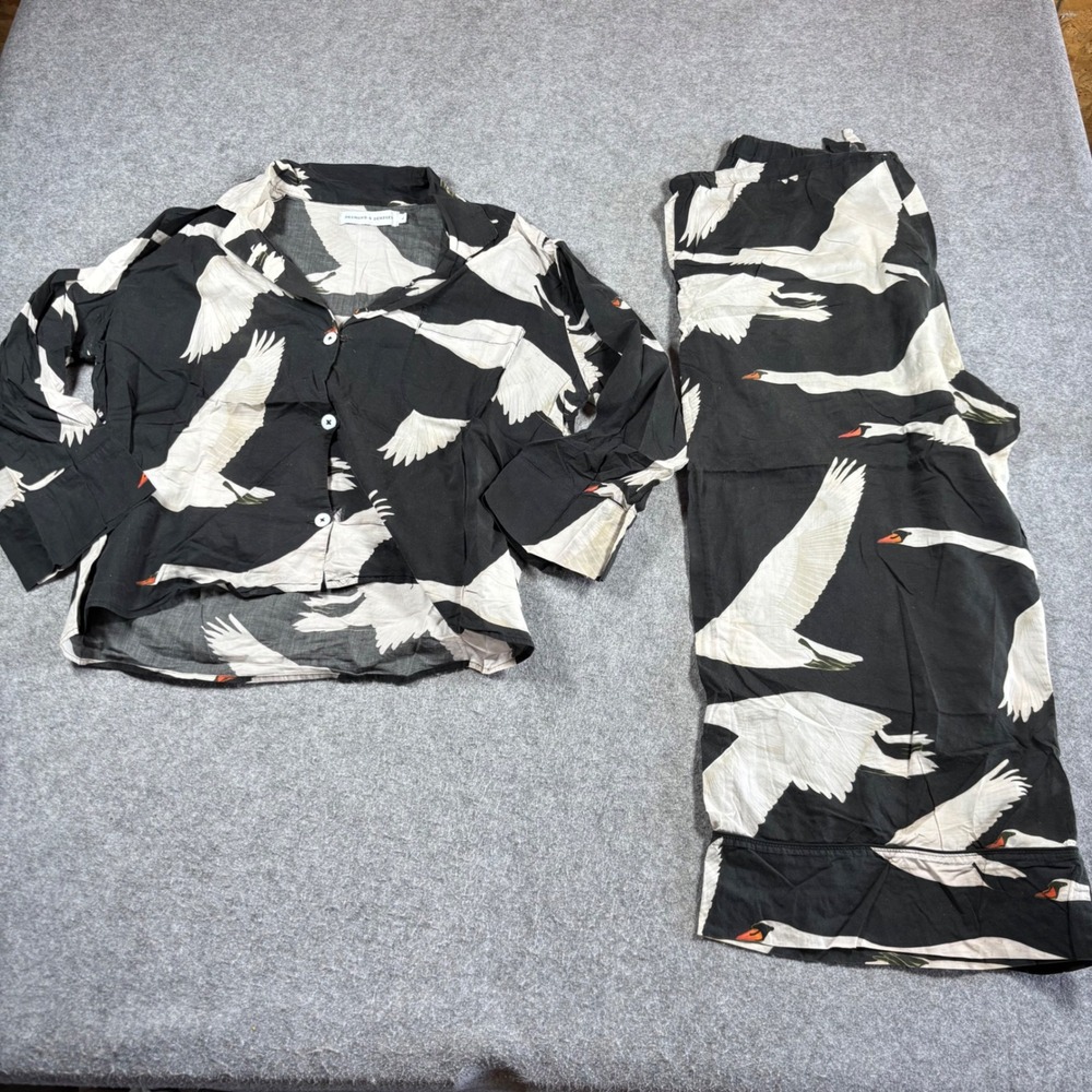 Desmond & Dempsey Swan Print Pajama Set Black White Organic Cotton Womens Large